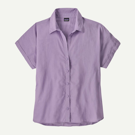 Purple short-sleeve button-up shirt on a light gray background