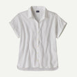 White short-sleeve button-up shirt on a light gray background