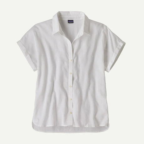 White short-sleeve button-up shirt on a light gray background