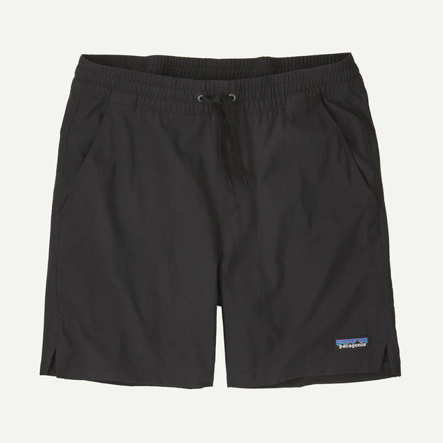 Black shorts with Patagonia logo on a light gray background