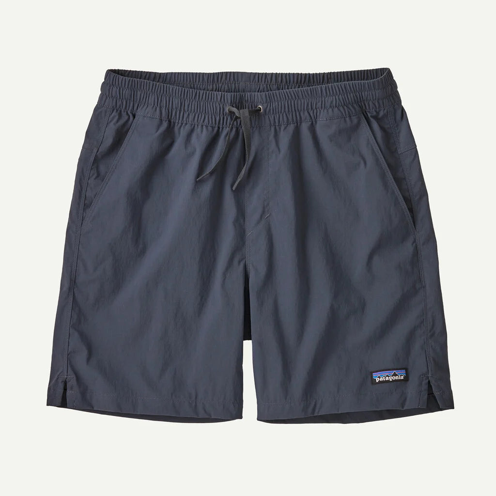 Dark gray shorts with a Patagonia logo on a light gray background