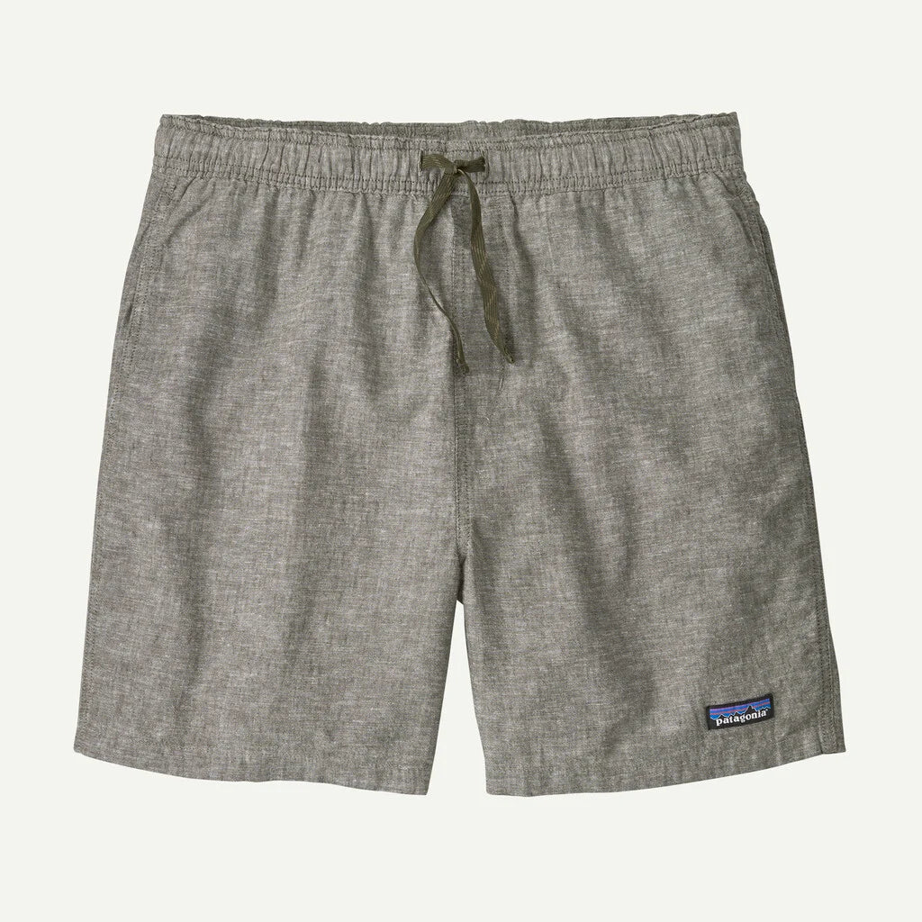 Gray shorts with a Patagonia logo on a white background