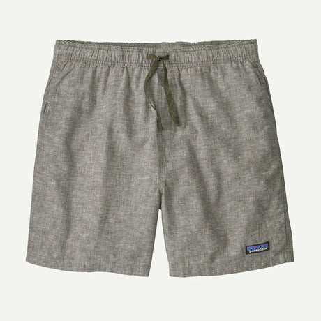 Gray shorts with a Patagonia logo on a white background