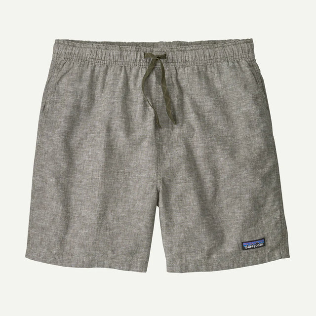 Gray shorts with a Patagonia logo on a white background