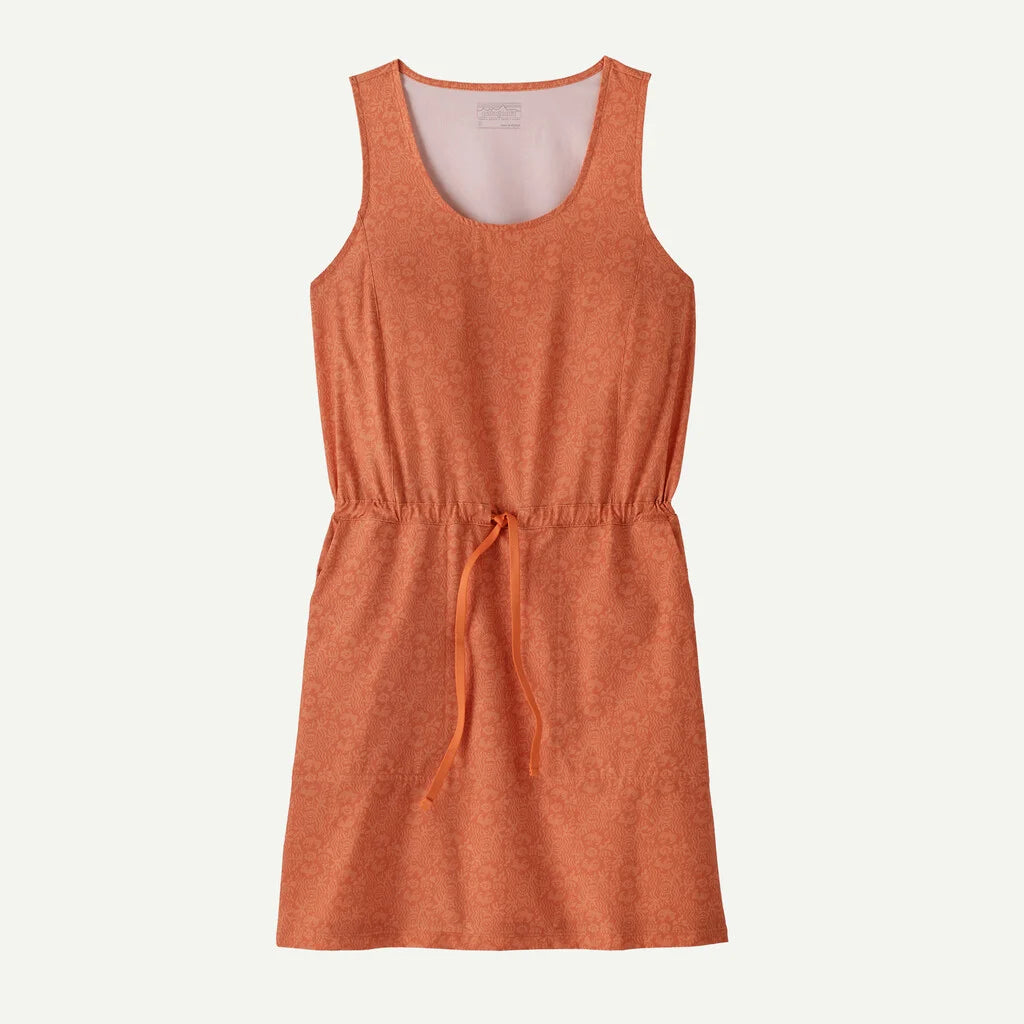 Orange sleeveless dress with a tie waist on a white background
