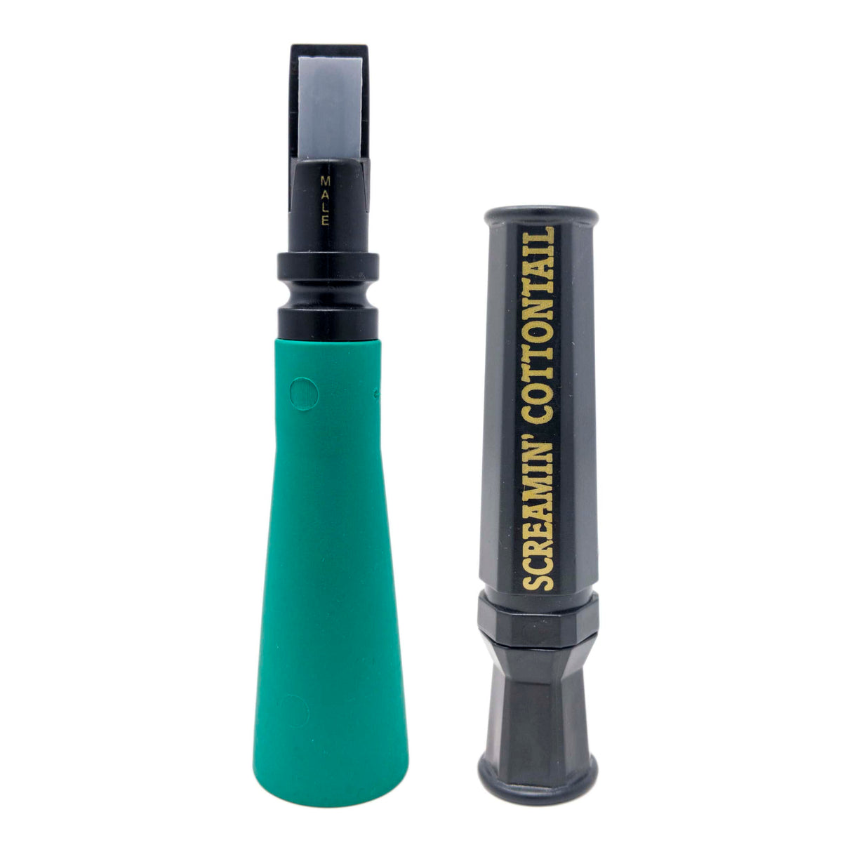 Two duck calling devices, one green and one black with 'Screamin' Cottontail' branding, on a white background.