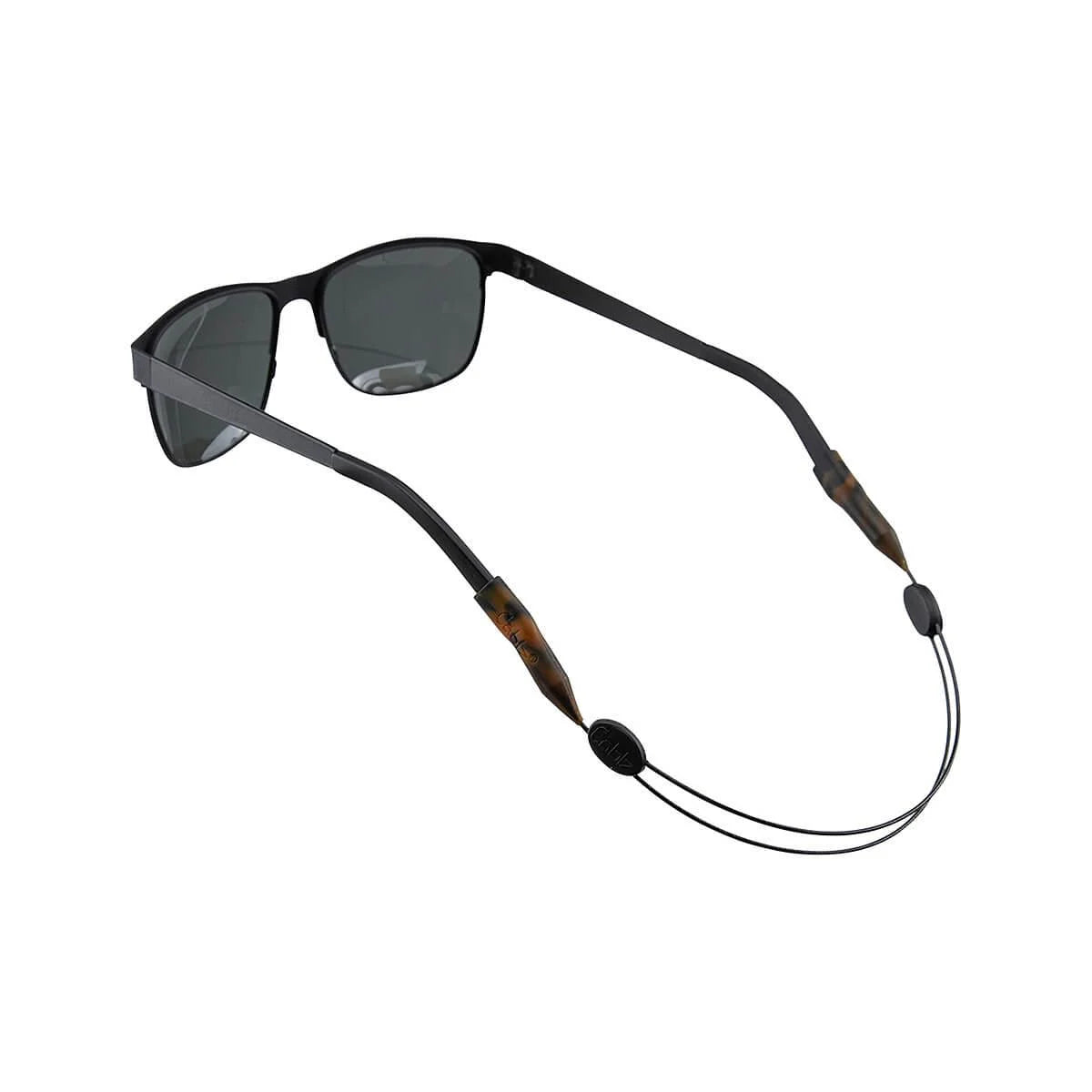 Sunglasses with a black cord on a white background