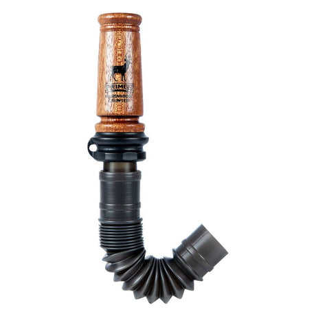 Wooden deer call with black flexible tube on a white background