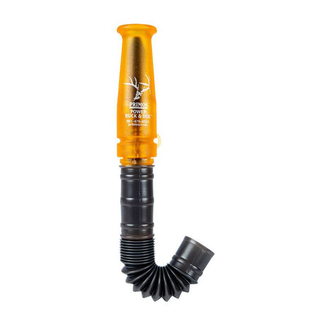 Orange hunting call with black flexible tube on a white background