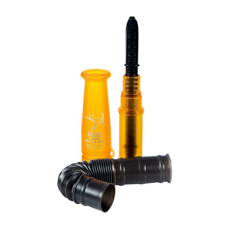 Yellow and black duck call with accessories on a white background