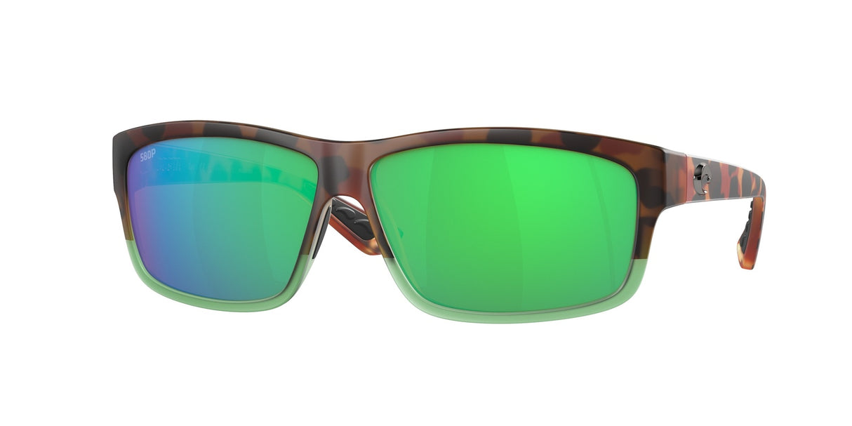 Sunglasses with green reflective lenses and tortoiseshell frame on a white background