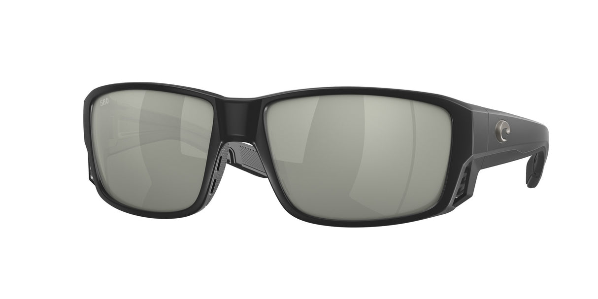 Black sunglasses with reflective lenses on a white background