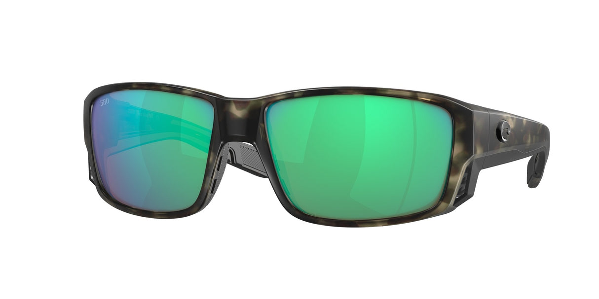 Sunglasses with green reflective lenses on a white background