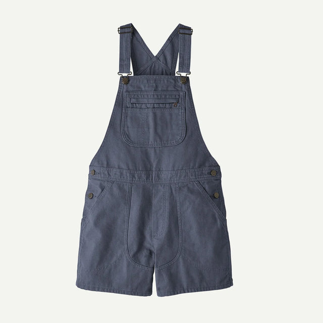 Blue denim overalls on a light gray background