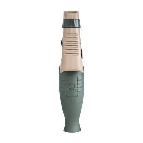 Handheld caller with a beige top and green body on a white background