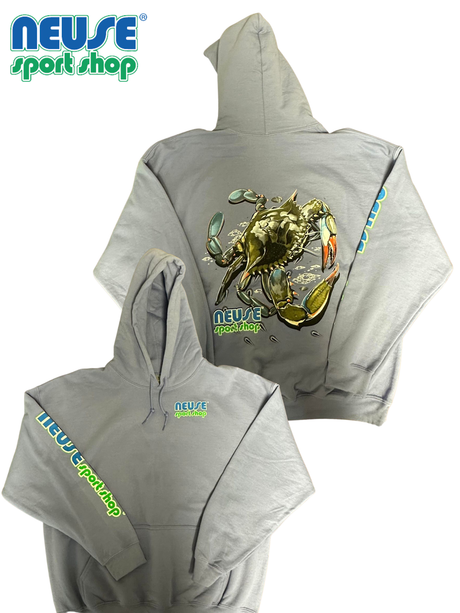 Neuse Bender Blue Crab Hoodie with Front Chest Logo and Sleeve Logo