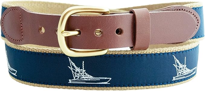 Navy belt with white sailboat design and gold buckle