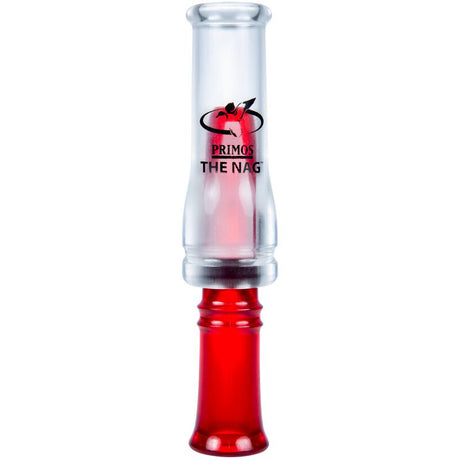 Red and clear duck call with 'Primos' branding on a white background
