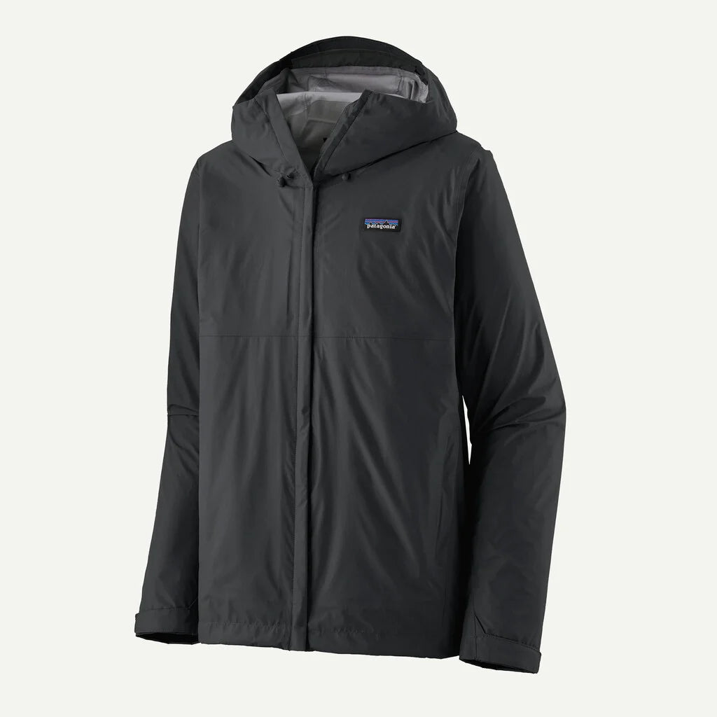 Black rain jacket with a brand logo on a light gray background