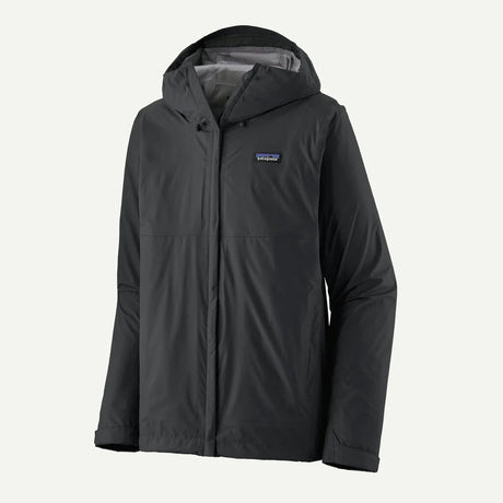 Black rain jacket with a brand logo on a light gray background