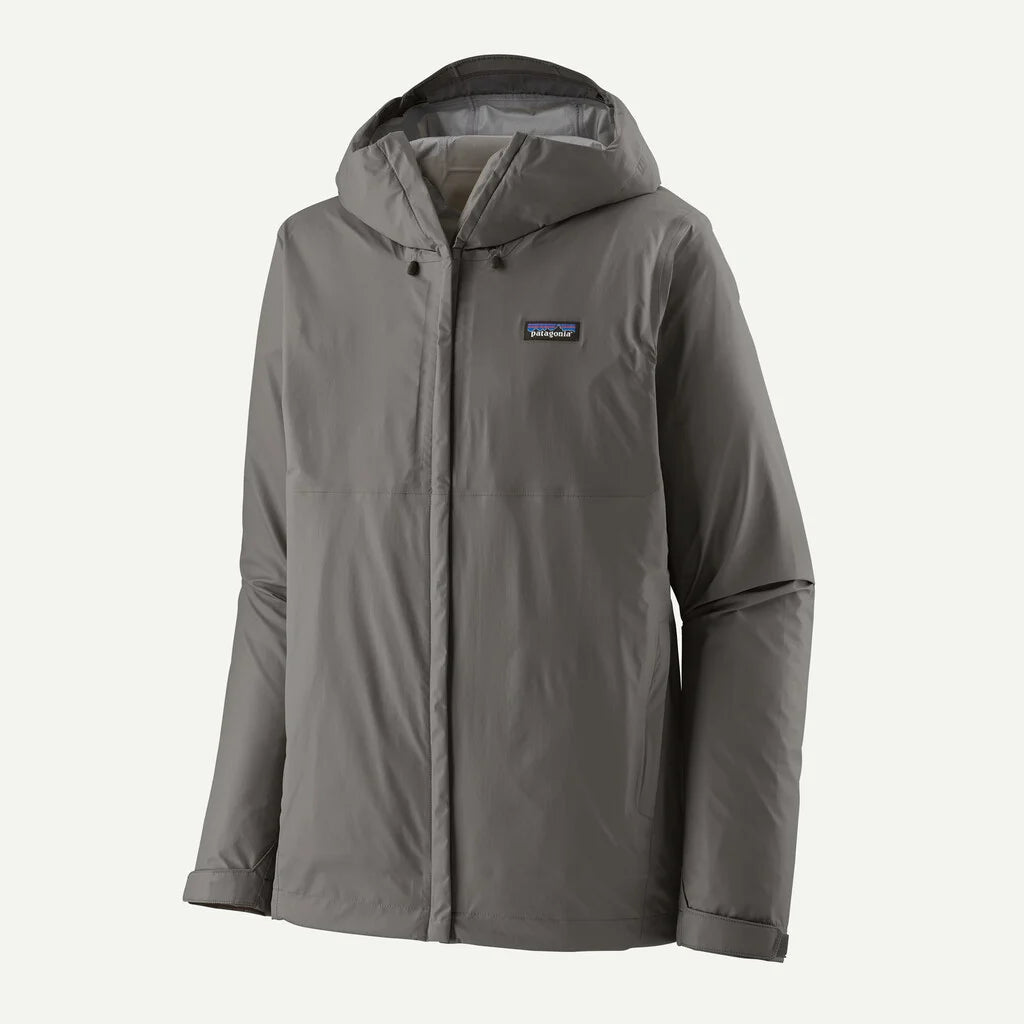 Gray rain jacket with a brand logo on a white background