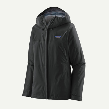Black rain jacket with Patagonia logo on a white background