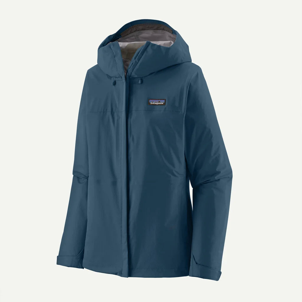 Blue raincoat with a visible brand logo on a light gray background