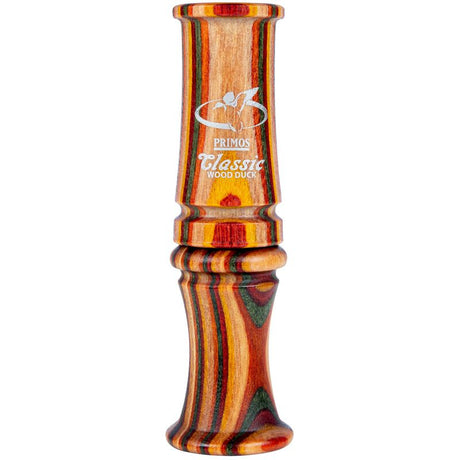 Wood duck call with colorful striped design on a white background