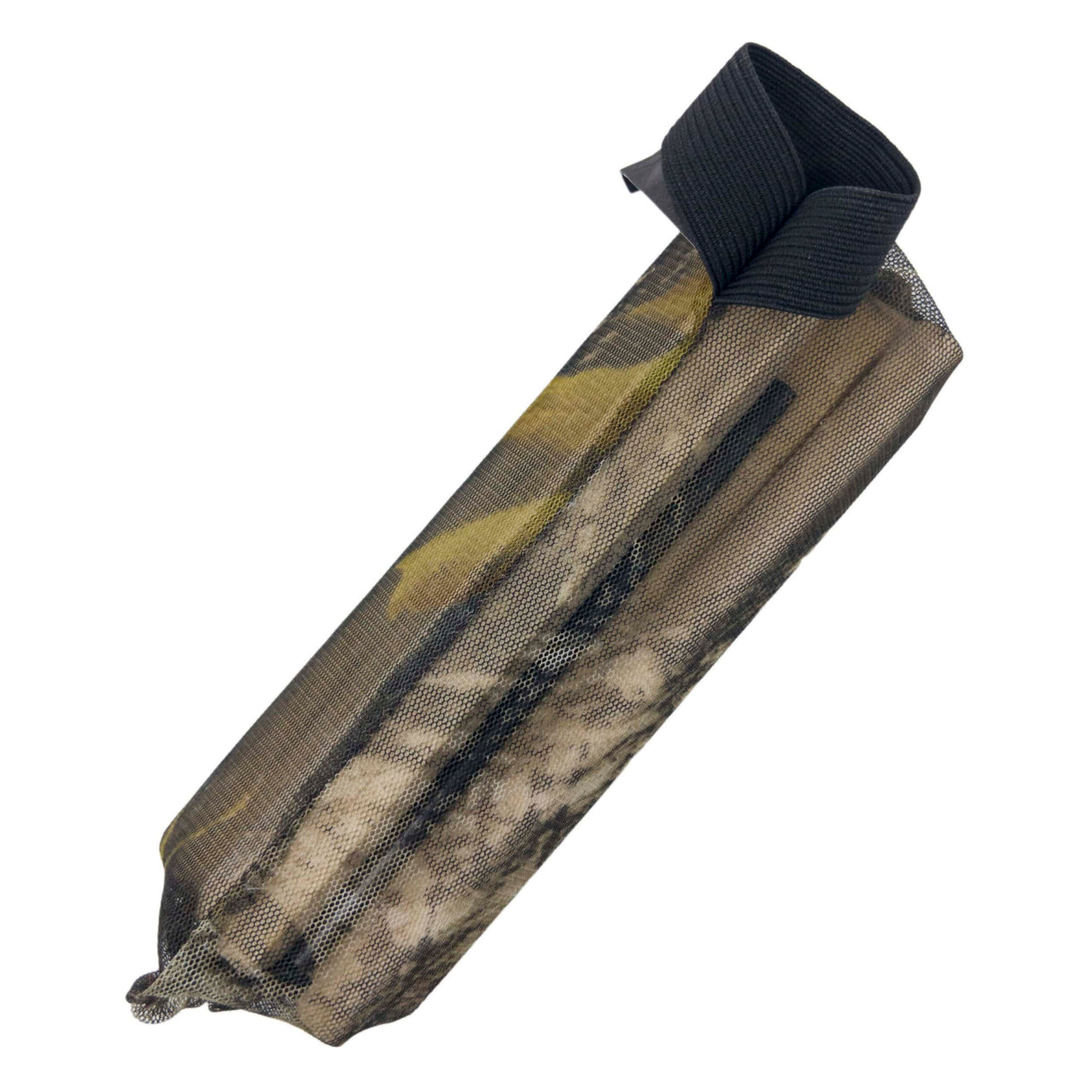 Mesh pouch with black strap on a white background