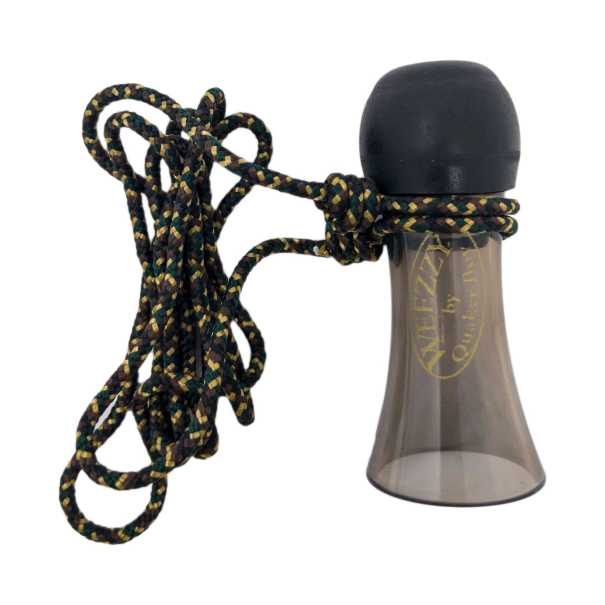 Black and yellow rope tied around a transparent container with a black cap on a white background.