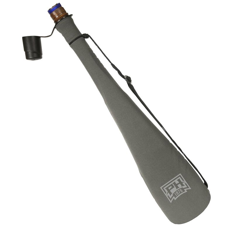 Gray elk caller with a black handle and blue top on a white background