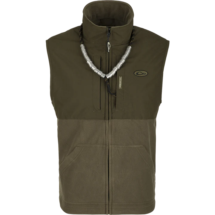 Green vest with a brand logo on a white background