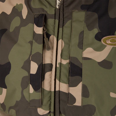 Close-up of a camouflage jacket with a zipper and pocket.