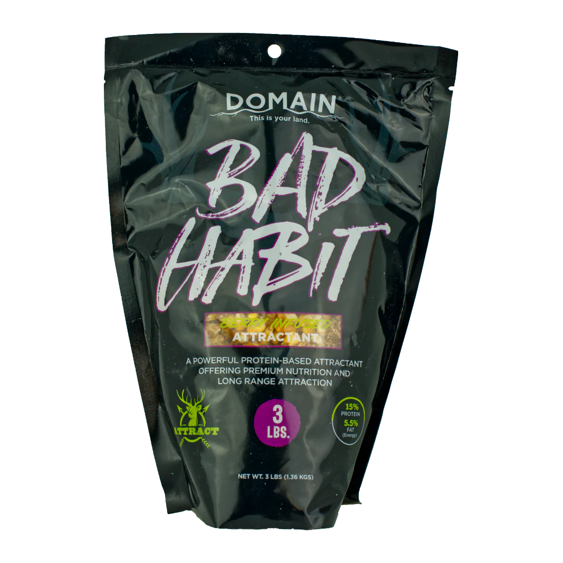 Black package of 'Bad Habit' attractant by Domain on a white background