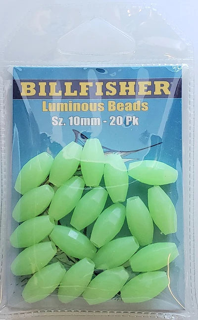 Pack of Billfisher luminous beads with green beads on a clear background