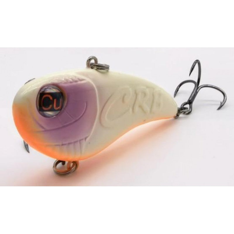 Fishing lure with a purple and orange design on a white background
