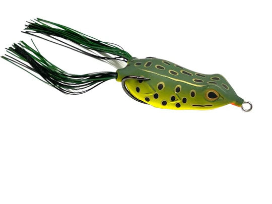Fishing lure shaped like a frog with green body, black legs, and yellow underbelly on a white background