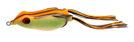 Fishing lure with a green body and orange top on a white background