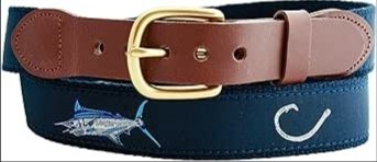 Navy belt with fish design and gold buckle