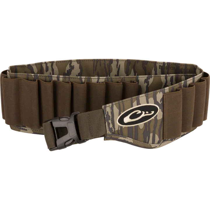 Camouflage hunting belt with magazine pouches on a white background