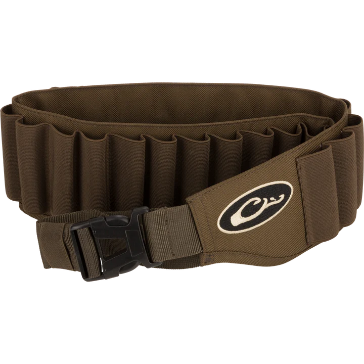 Brown ammunition belt with a logo on a white background