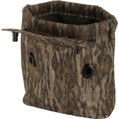 Camouflage-patterned pouch with a black handle on a white background