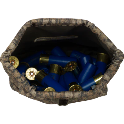 Camouflage bag filled with blue and brass shotgun shells on a white background