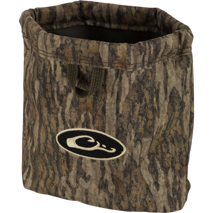 Camouflage-patterned storage bin with a logo on a white background