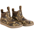 Camouflage-patterned boots on a white background