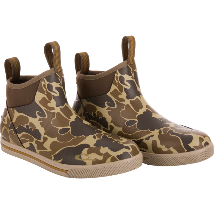 Camouflage-patterned boots on a white background