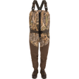 Camouflage hunting waders with suspenders on a white background