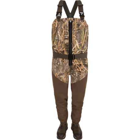 Camouflage hunting waders with suspenders on a white background