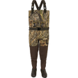 Camouflage hunting waders with suspenders on a white background
