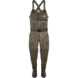 Waders with camouflage pattern and suspenders on a white background